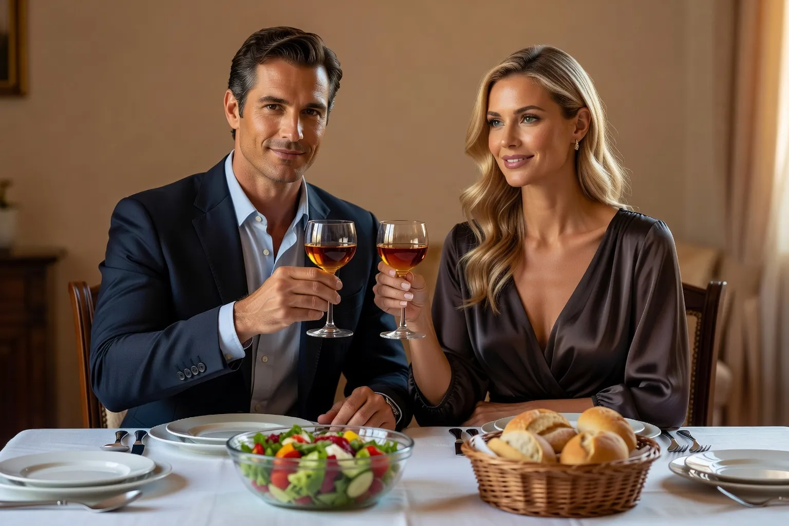 Un homme en blazer marine et chemise bleu ciel, sans cravate, lève un verre à une table de famille nappée de blanc, à côté d'une jeune femme en robe sombre élégante