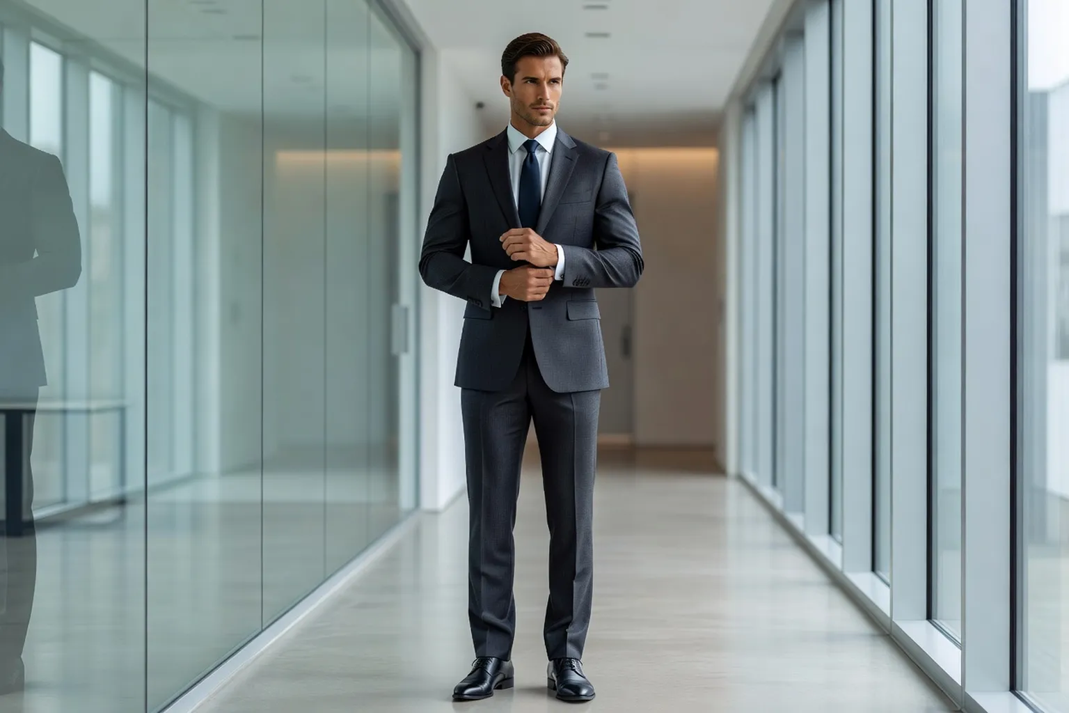 Un homme en costume gris anthracite, chemise blanche et cravate bleu nuit, ajustant sa manchette dans le couloir vitré d'un immeuble de bureaux