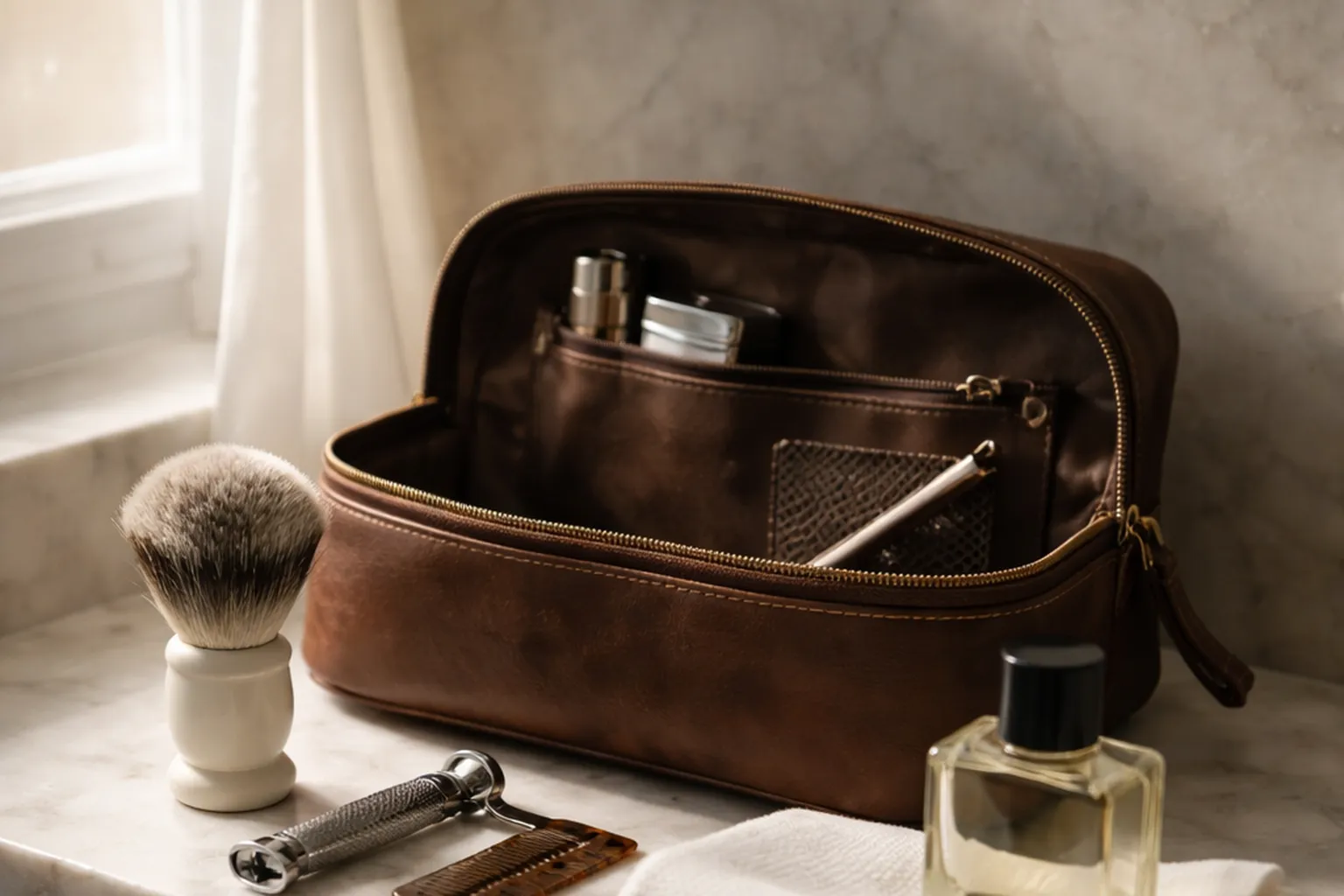 Trousse en cuir ouverte sur une tablette en marbre avec blaireau, rasoir de sûreté, peigne à barbe, serviette blanche et flacon d'eau de Cologne