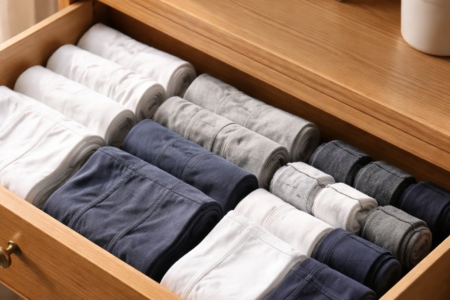Un tiroir en bois clair ouvert, rempli de sous-vêtements en coton blanc, bleu marine et gris, soigneusement pliés, avec des chaussettes roulées