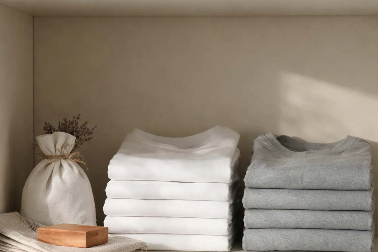 Des piles de tee-shirts en coton blanc et gris pliés sur une étagère de placard, avec un sachet de lavande et un bloc de bois de cèdre