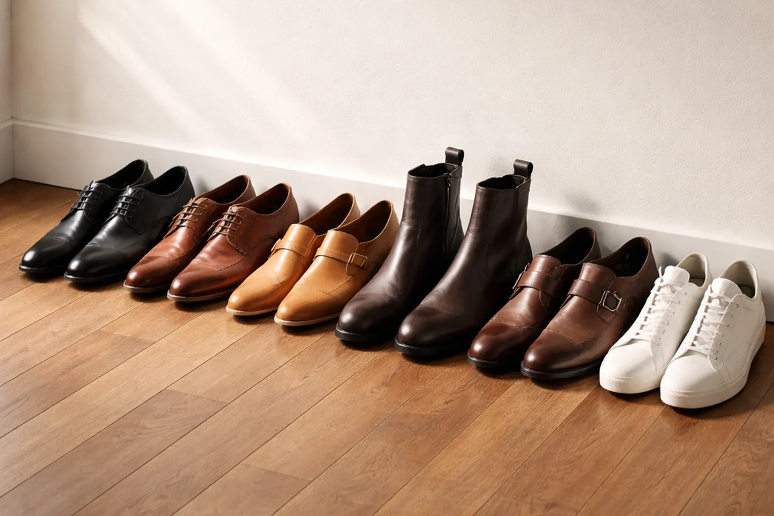 Six paires de chaussures en cuir alignées sur un parquet : oxford noire, derby brune, mocassins, boots chelsea, monk et sneakers blanches