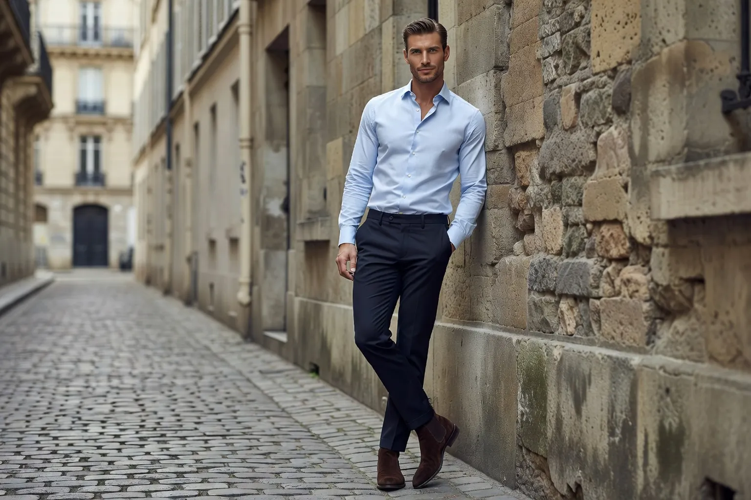 Un homme en chino bleu marine, chemise bleu ciel et boots chelsea en daim appuyé contre un mur de pierre dans une rue parisienne
