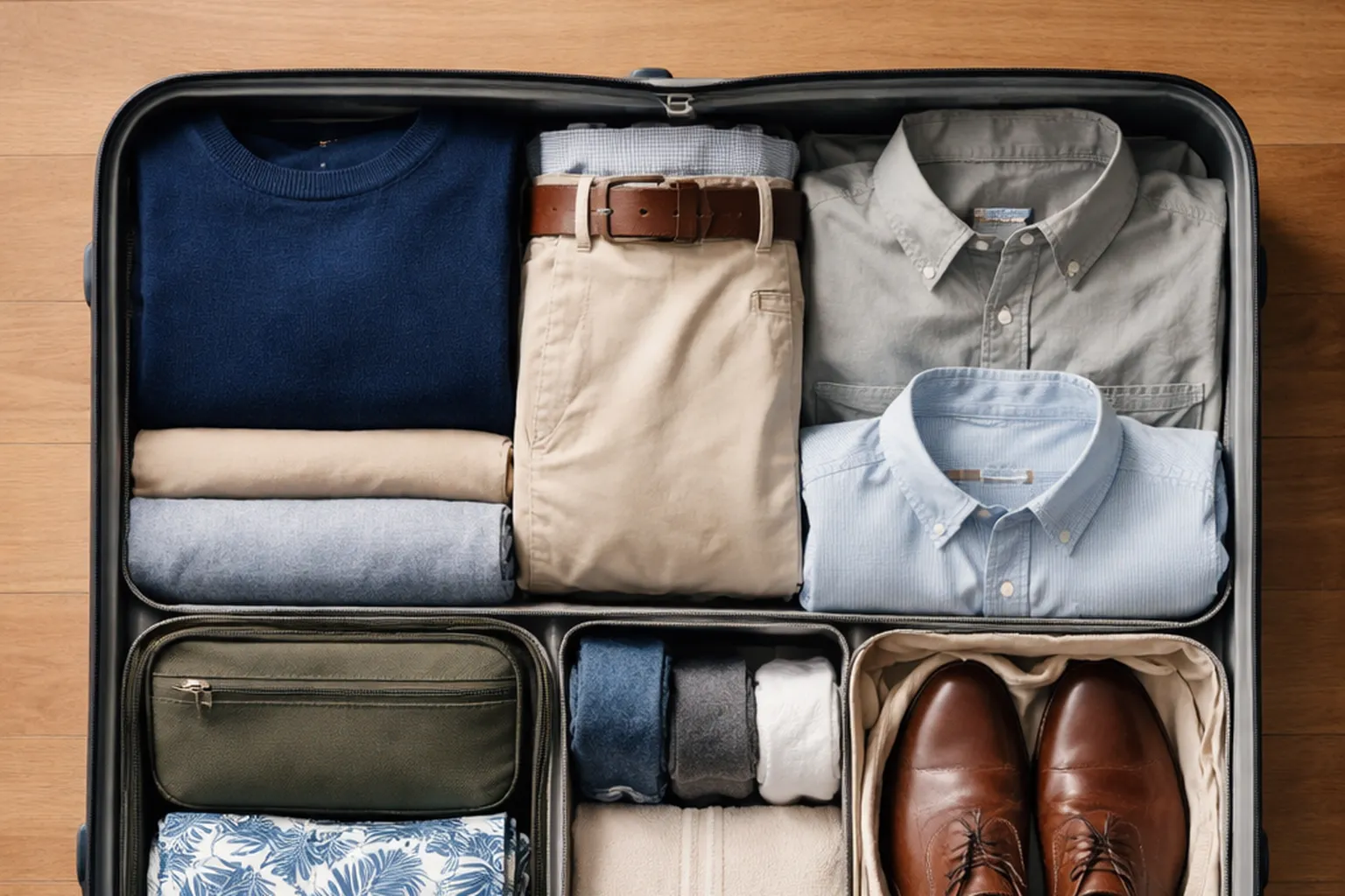 Valise cabine ouverte vue de dessus, avec pull marine, chino, chemises pliées, chaussures dans une housse et trousse de toilette bien rangés