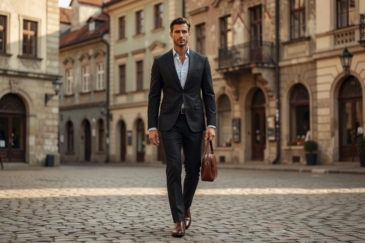 Homme mannequin en blazer sombre et chemise bleu clair traversant une place pavée d'une vieille ville d'Europe centrale, un petit sac de week-end en cuir à la main