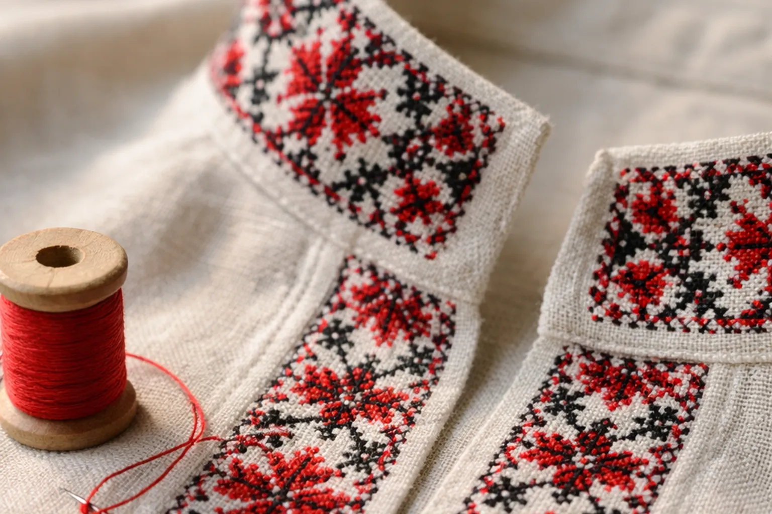Gros plan sur le col et la patte de boutonnage d'une chemise de lin écru, brodés au point de croix de motifs géométriques rouges et noirs, avec une bobine de fil rouge et une aiguille posées sur le tissu