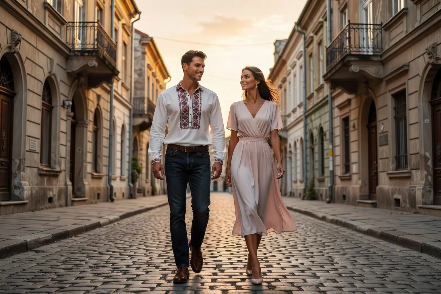 Un homme en chemise blanche brodée de rouge et de noir, jean foncé et chaussures en cuir marron, marche avec une femme en robe rose pâle dans une rue pavée bordée de façades anciennes au coucher du soleil