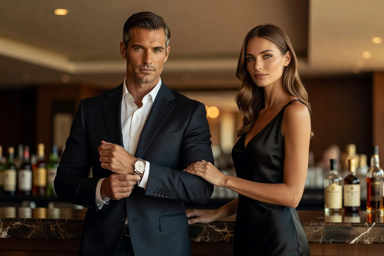 Un homme en costume bleu marine et chemise blanche ajuste sa montre-bracelet en acier à cadran blanc, une femme en robe noire à bretelles à son côté, au bar d'un hôtel
