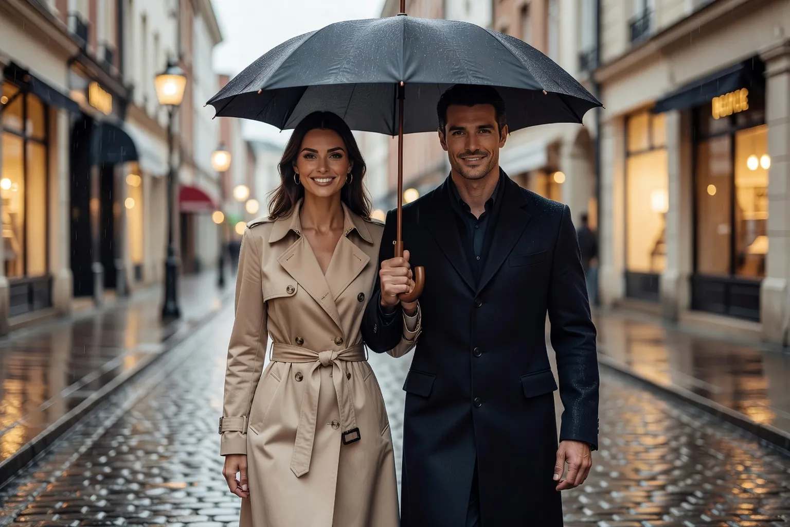Un couple élégant, femme mannequin et homme mannequin, marche sous un grand parapluie dans une rue pavée sous la pluie, vêtus de manteaux sobres et de chaussures soignées.