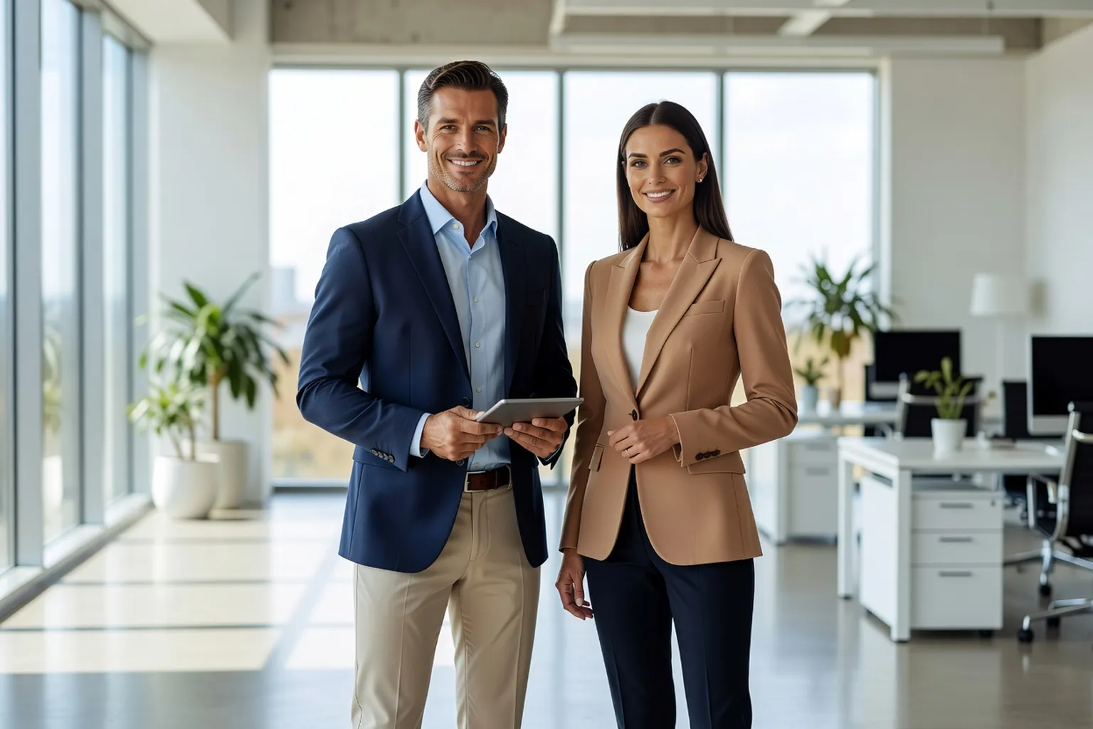Un homme mannequin porte un blazer bleu marine et un pantalon chino beige dans un bureau lumineux, debout près d'une collègue élégante en tenue professionnelle.