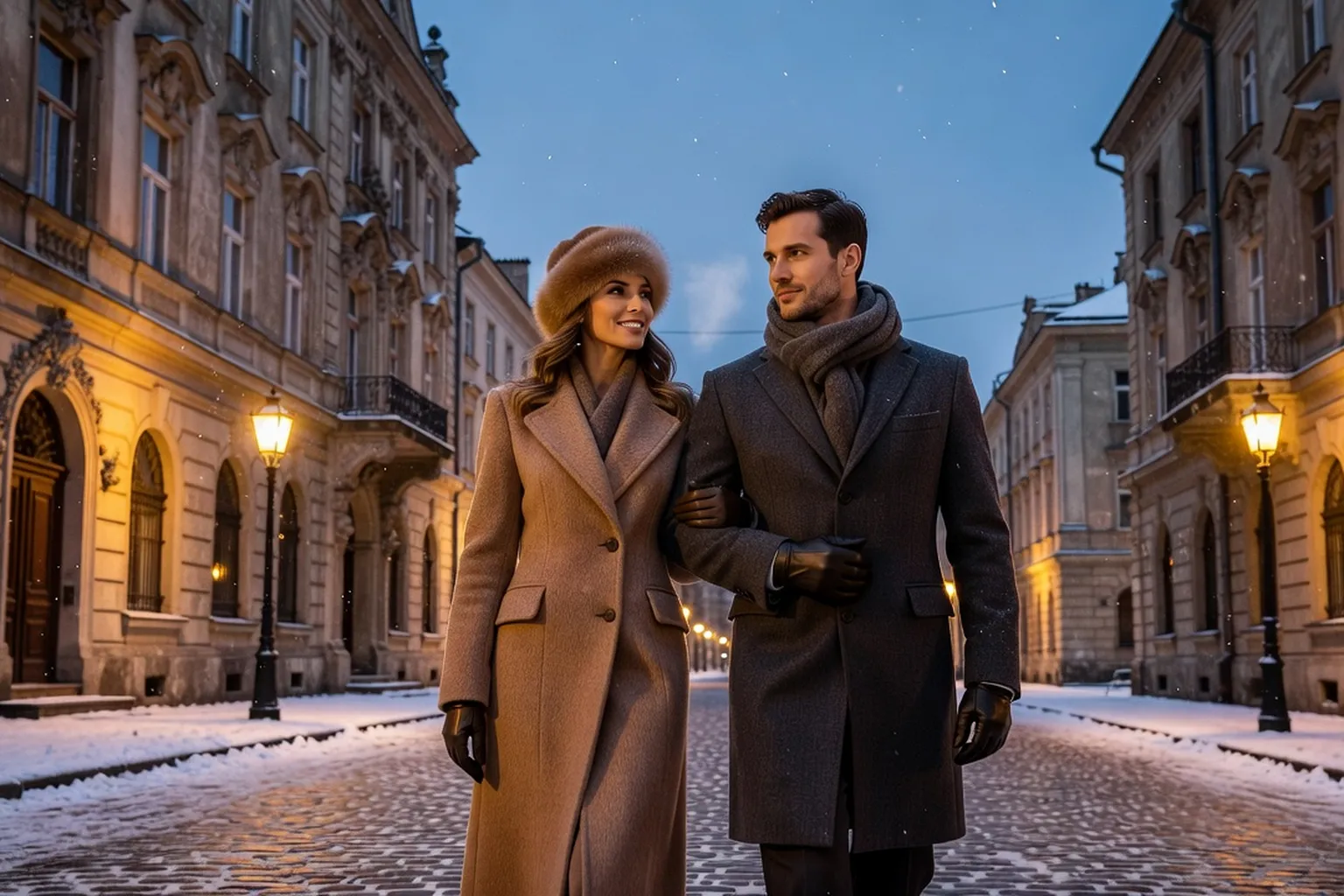 Un couple élégant en manteaux d'hiver marche bras dessus bras dessous dans une rue pavée et enneigée d'une vieille ville d'Europe centrale au crépuscule