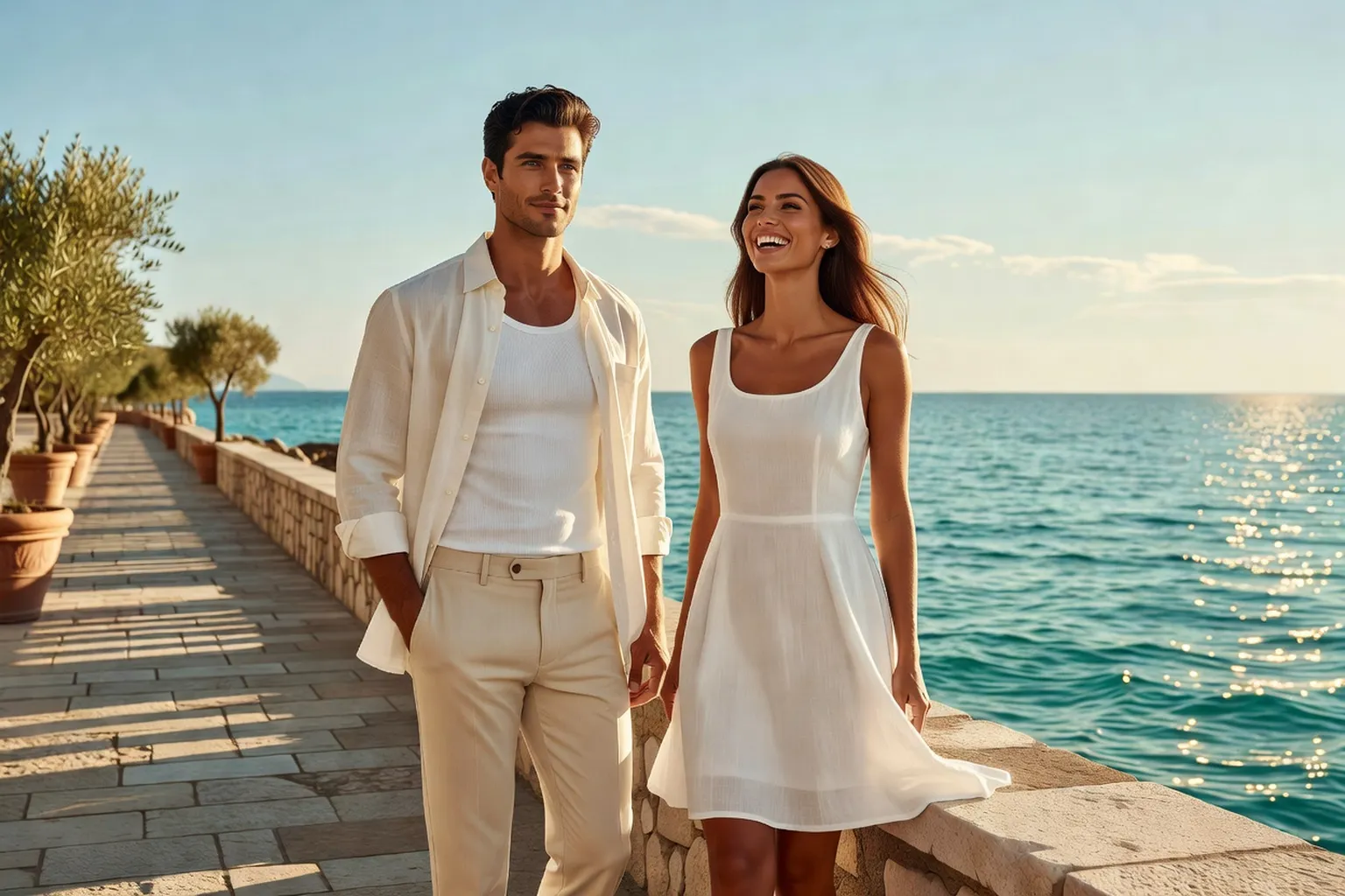 Un couple en bord de mer l'été : un homme mannequin porte un débardeur blanc sous une chemise de lin ouverte, aux côtés d'une très belle femme mannequin.