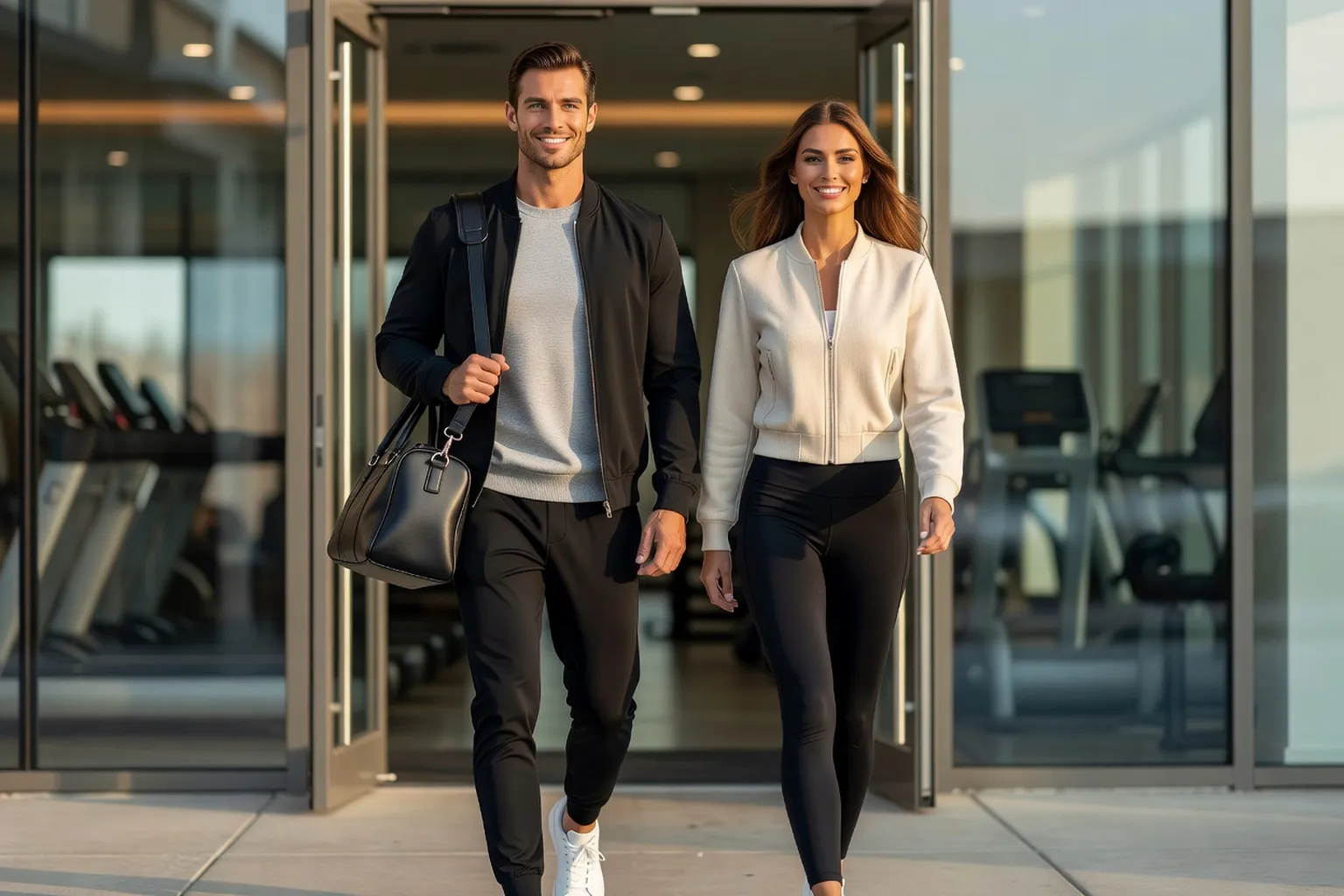 Un couple sportif élégant sort d'une salle de sport haut de gamme en tenues athleisure soignées : un homme mannequin porte un jogging sombre, un sweat et des baskets propres, tandis qu'une très belle femme mannequin porte une tenue sportive chic et une veste légère.