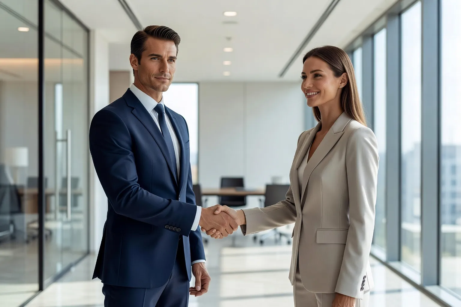Un homme mannequin en costume bleu marine entre dans un bureau lumineux tandis qu'une femme élégante, recruteuse, l'accueille avec un sourire près de son bureau.