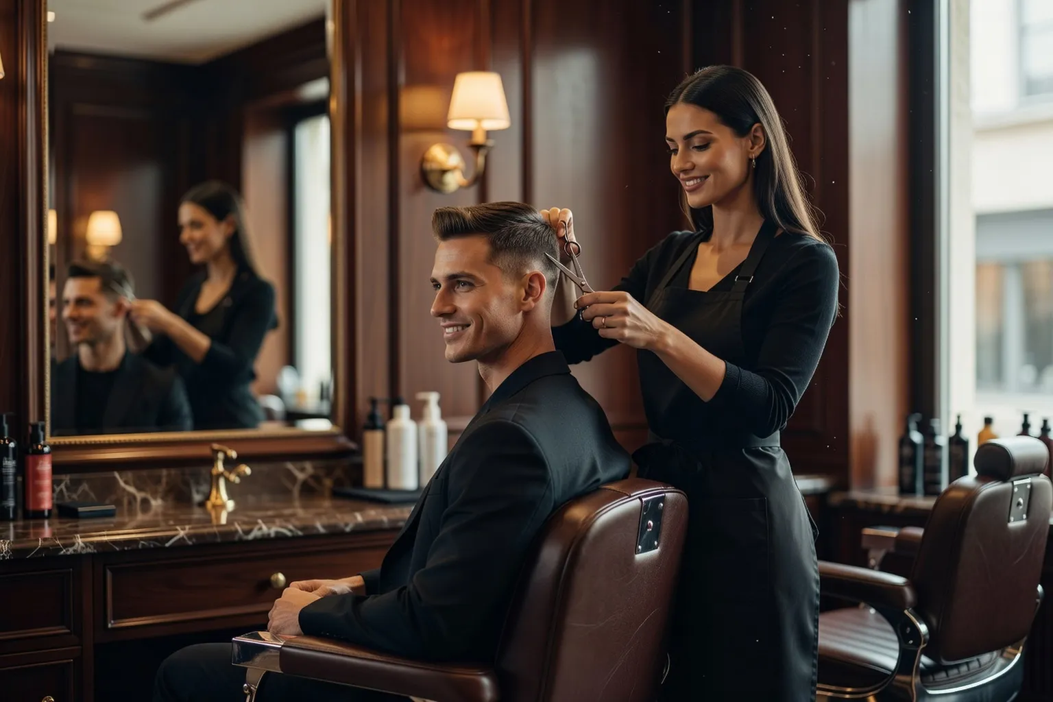 Un homme mannequin à la coupe courte nette est assis dans un salon de coiffure élégant, tandis qu'une coiffeuse mannequin termine sa coupe avec précision.
