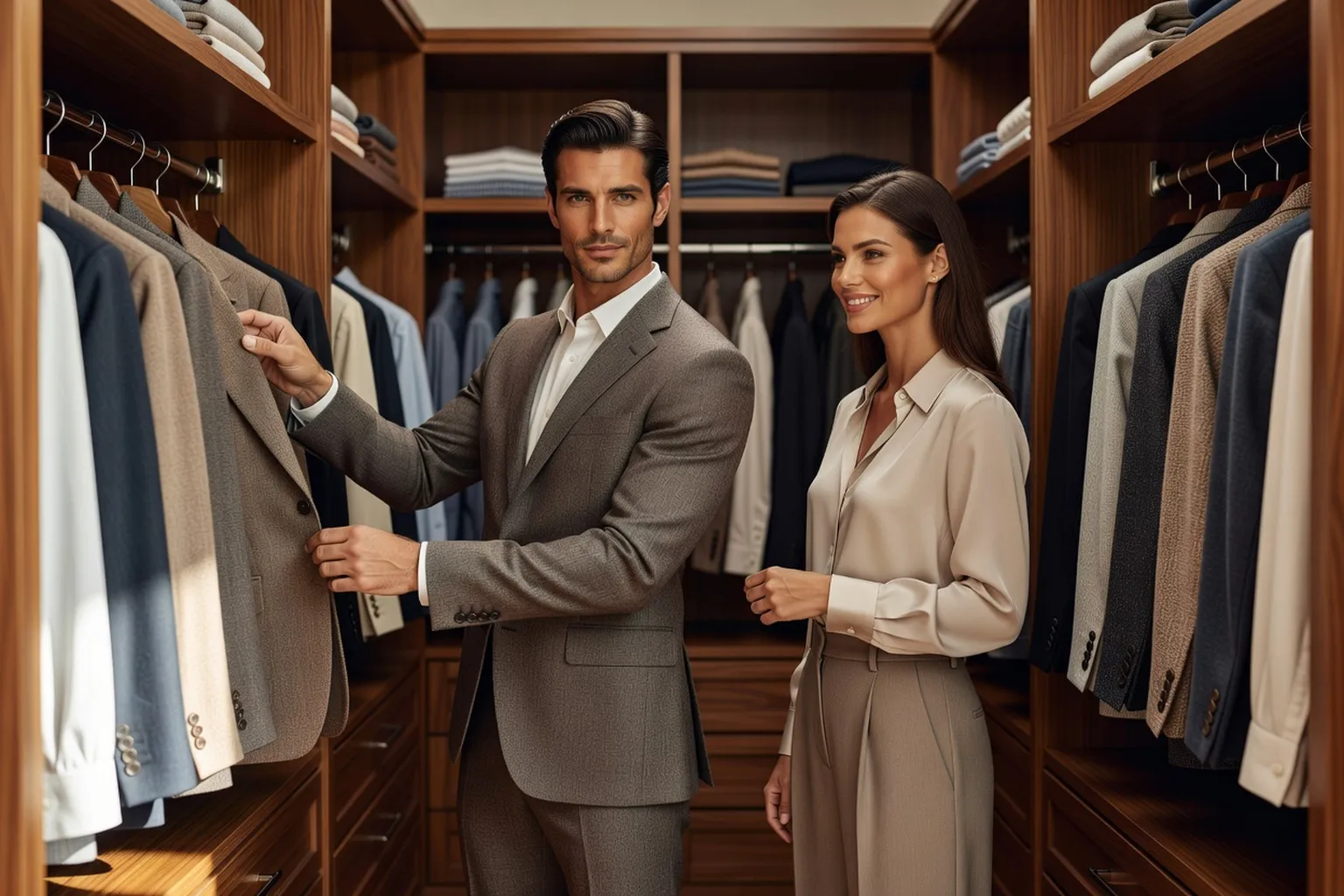 Un homme mannequin choisit une veste sur cintre dans un dressing en bois, tandis qu'une femme mannequin lui conseille une pièce parmi les vêtements rangés.
