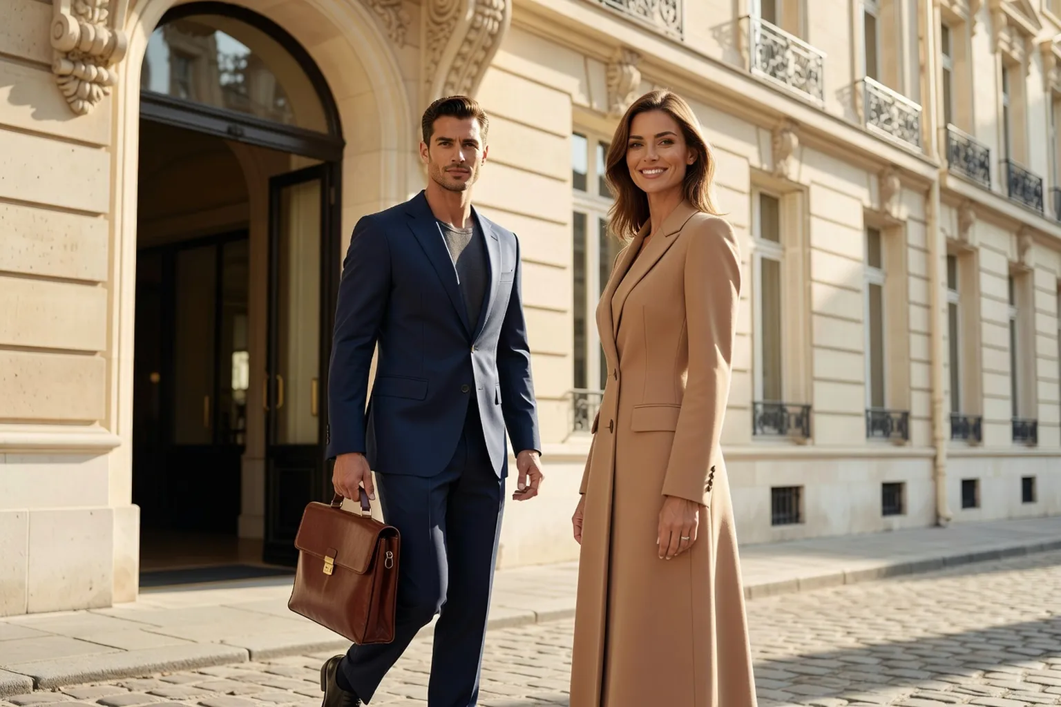 Un homme mannequin portant un cartable en cuir brun sort d'un immeuble haussmannien, accompagné d'une femme élégante à ses côtés