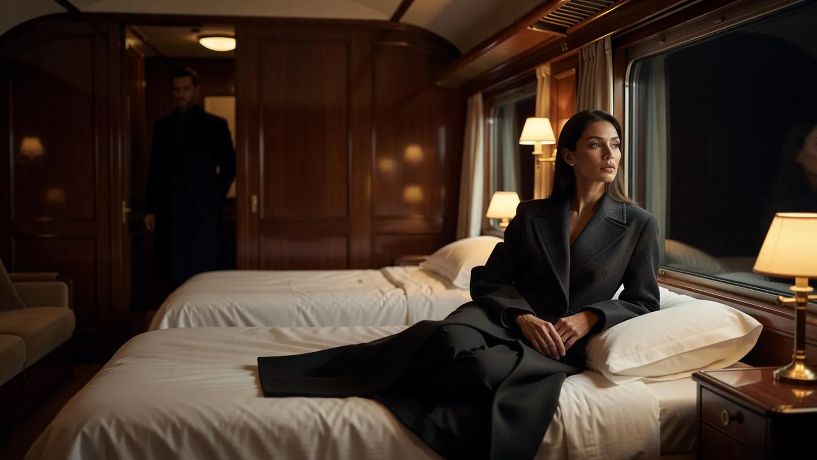 Une femme élégante dans un compartiment de wagon-lit, lumière chaude de laiton