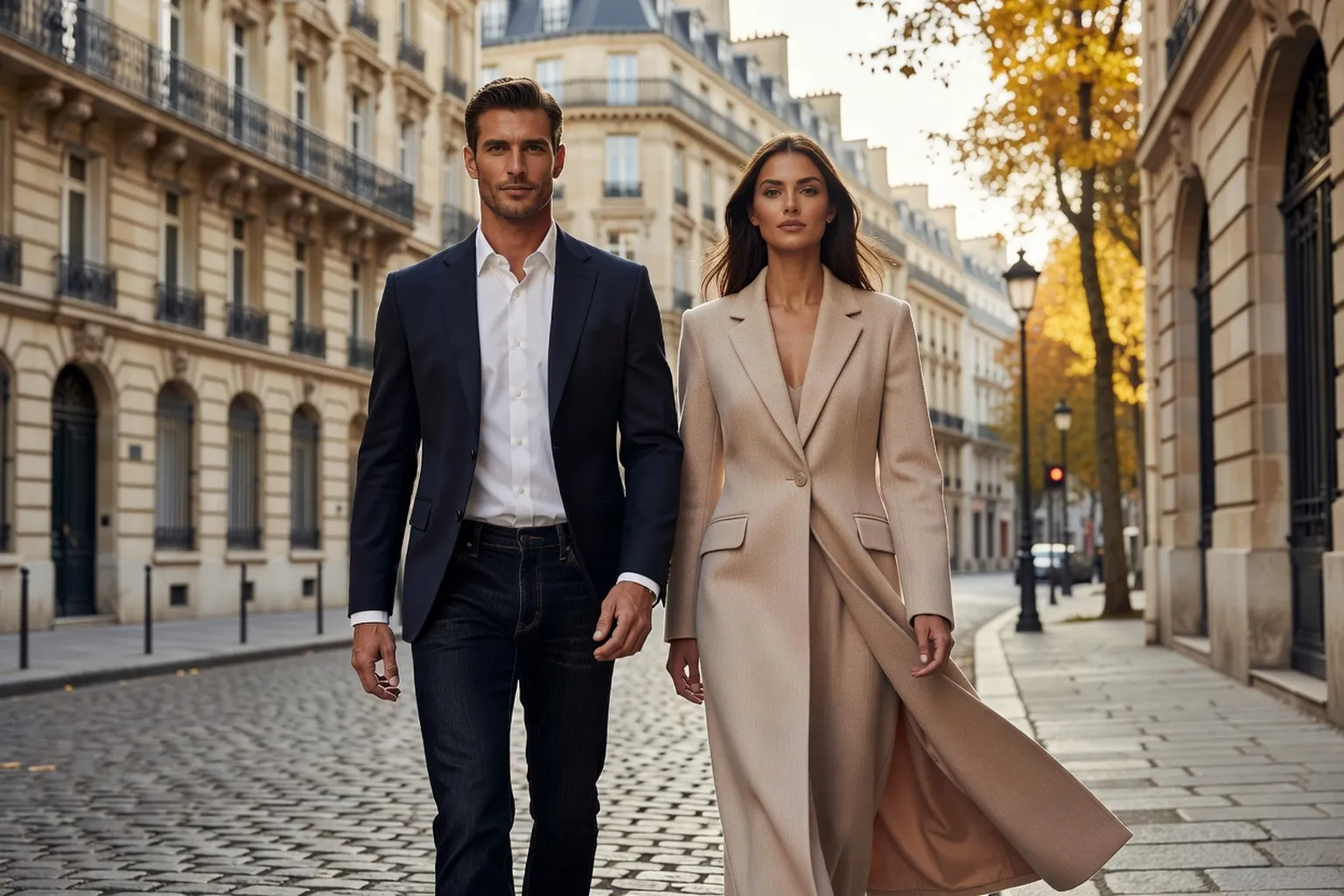 Un homme mannequin porte un jean brut droit, une veste sombre et des chaussures en cuir, aux côtés d'une femme mannequin élégante en manteau clair, dans une rue parisienne bordée d'immeubles haussmanniens.
