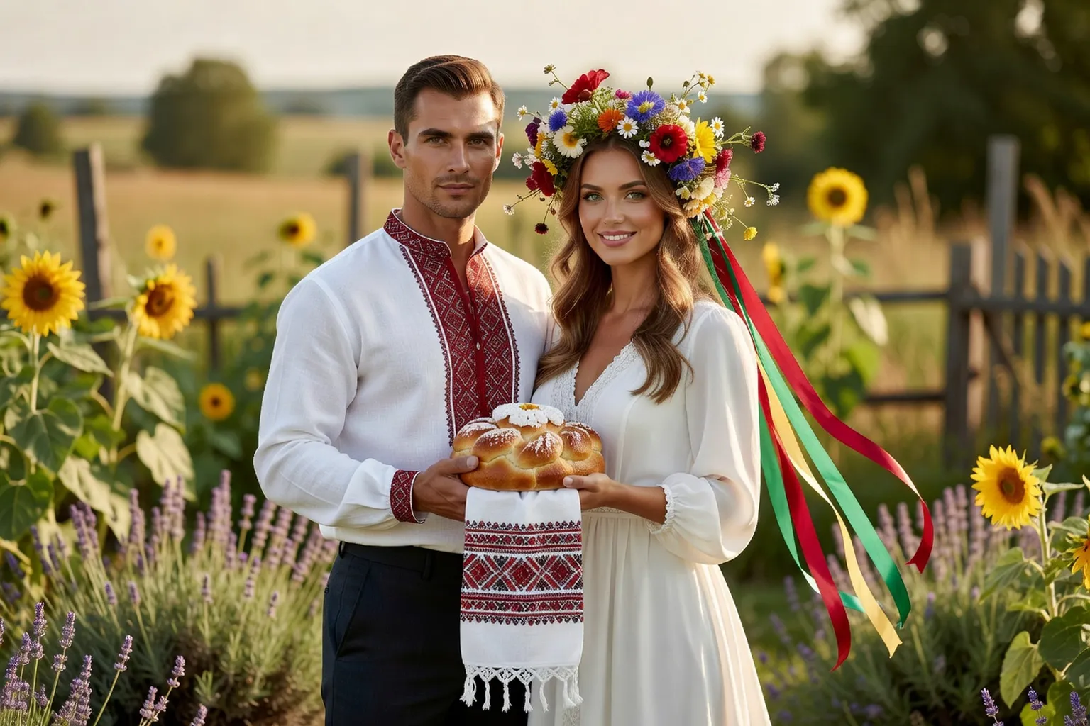 Un marié en chemise blanche brodée de rouge et une mariée en robe blanche, couronne de fleurs des champs et rubans sur la tête, tiennent un pain rond décoré posé sur une serviette brodée dans un jardin fleuri
