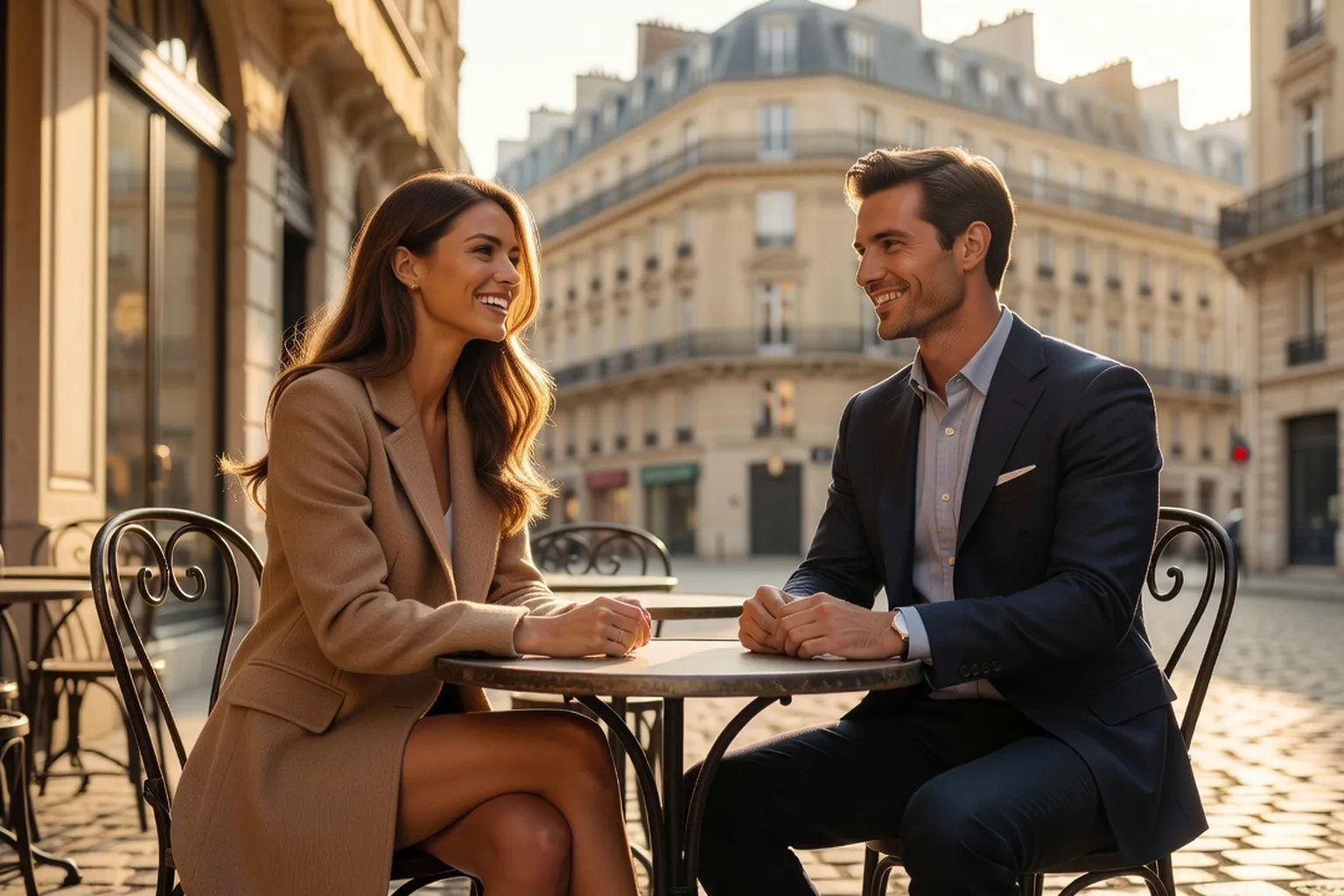 Un homme en blazer marine et chemise bleu clair et une femme en manteau camel, assis face à face à une terrasse de café parisien en fin de journée