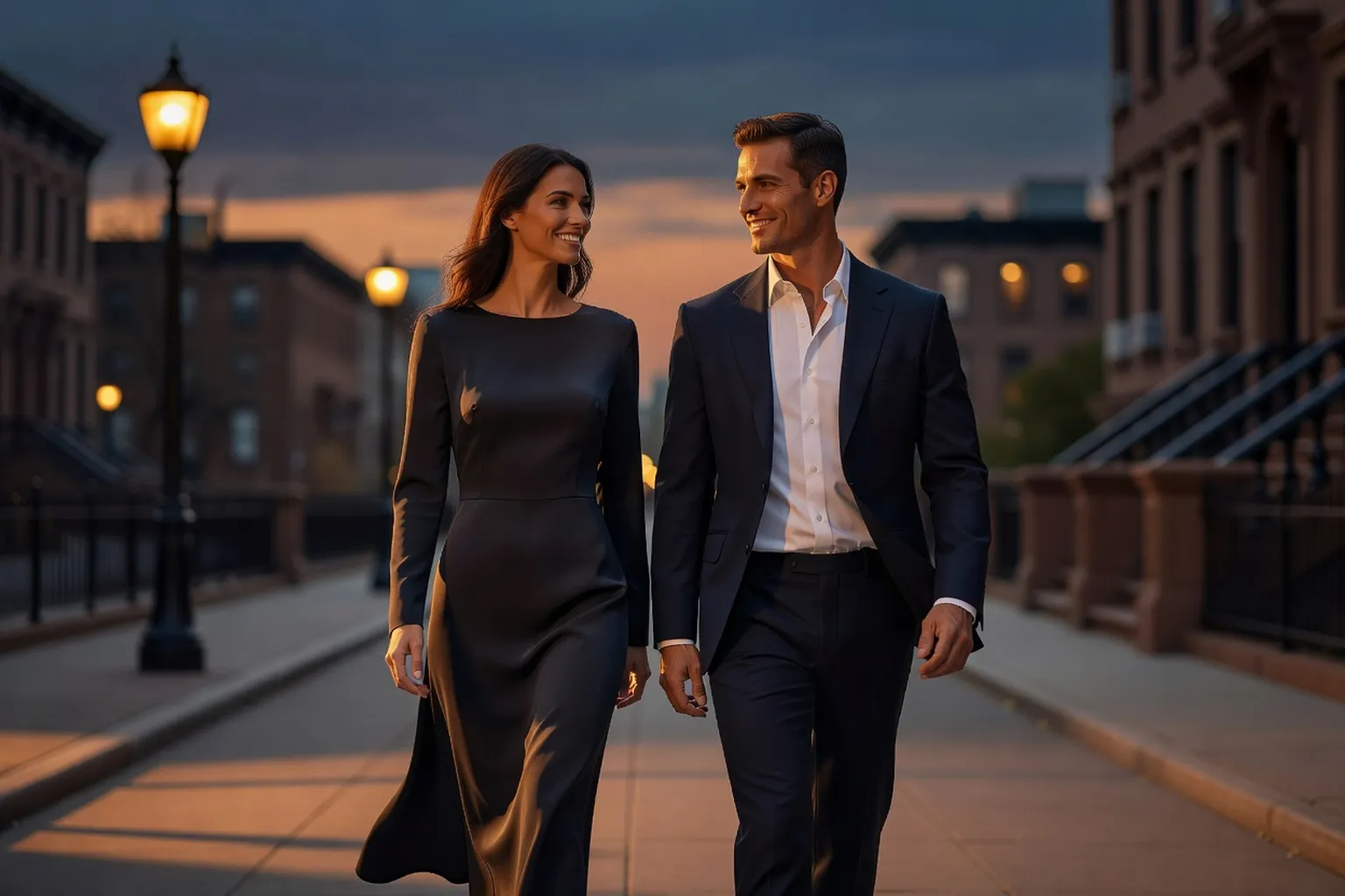 Un couple élégant marche en souriant au crépuscule dans une rue de ville aux lumières chaudes : la femme mannequin porte une robe sobre et l'homme mannequin un blazer.