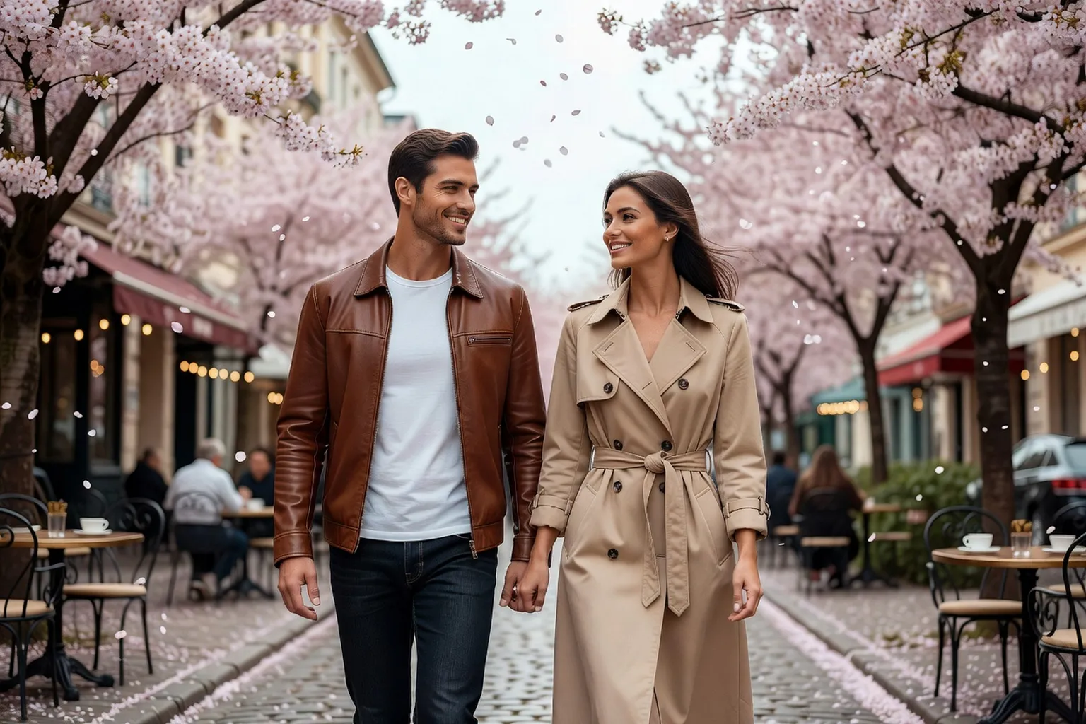 Un homme en blouson de cuir marron sur un tee-shirt blanc et jean sombre marche avec une femme en trench beige sous des cerisiers en fleurs, devant des terrasses de café.