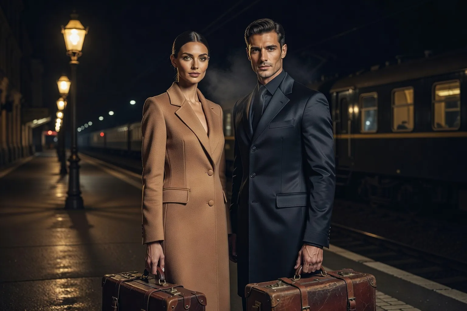 Un couple élégant, femme mannequin et homme mannequin en manteau, tenant des valises en cuir sur un quai de gare européen de nuit, sous les lumières des quais