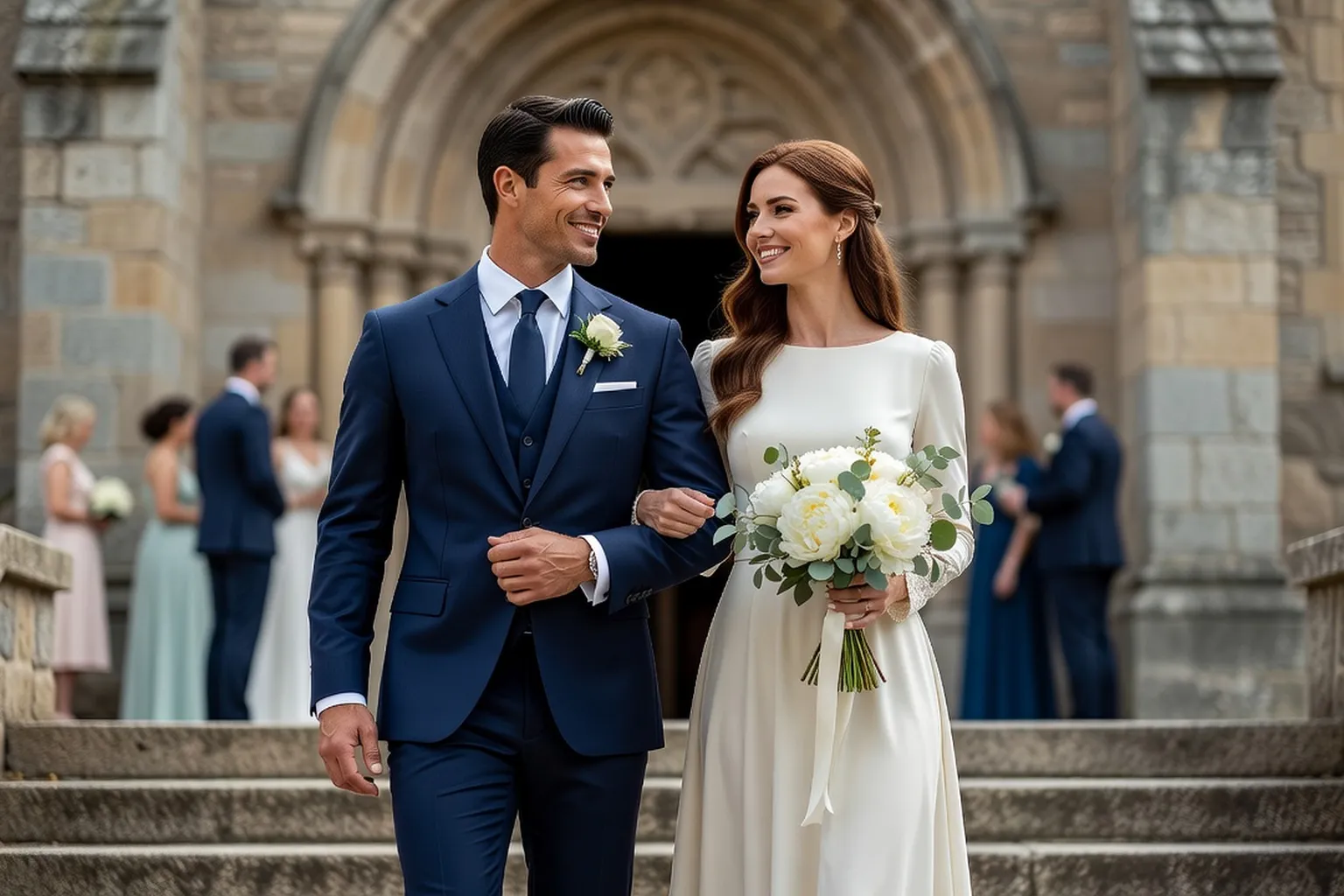 Un marié en costume trois pièces bleu nuit avec boutonnière et une mariée en robe ivoire à manches longues sortent bras dessus bras dessous d'une église en pierre