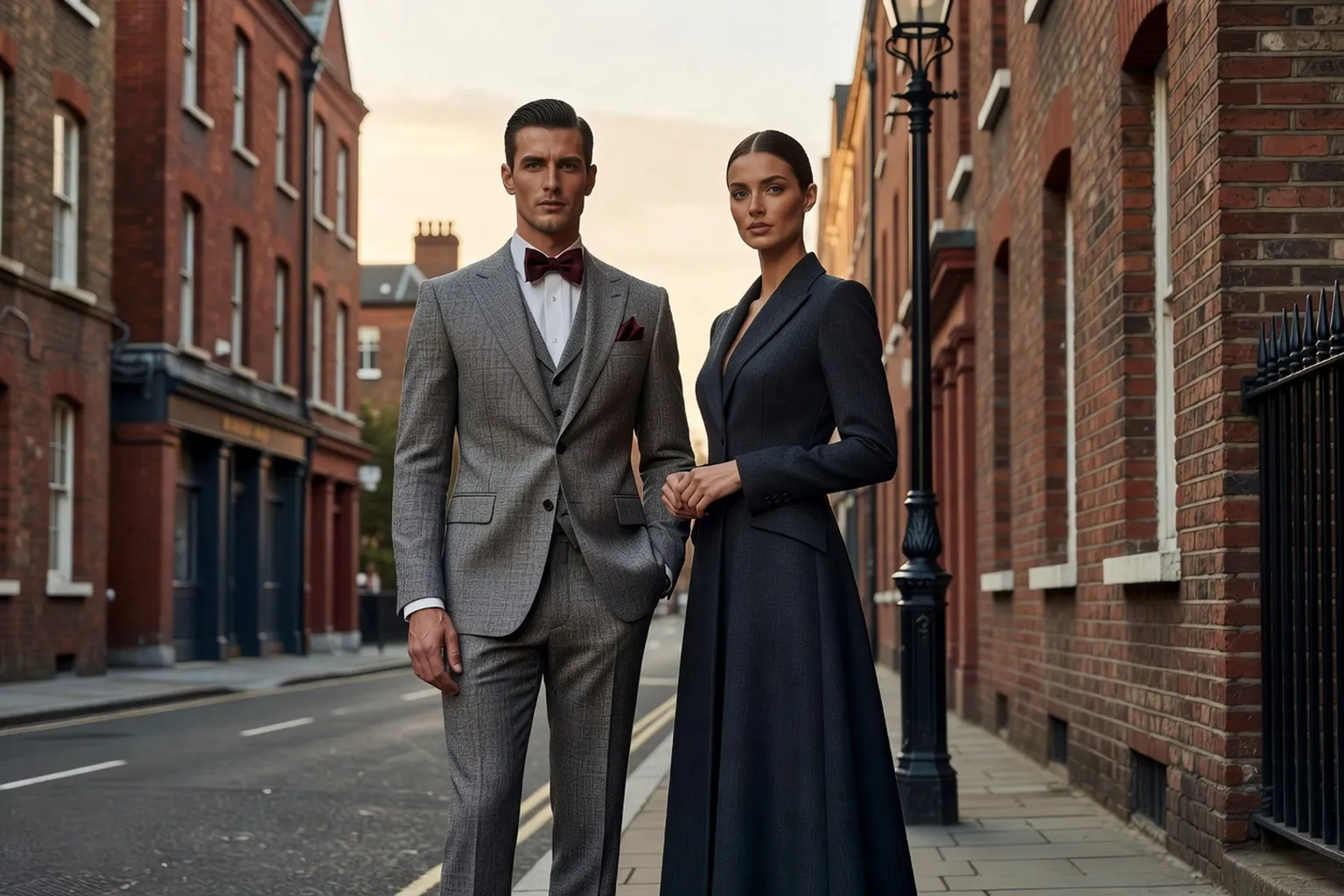 Un homme mannequin porte un costume trois pièces en tweed, un nœud papillon et une pochette, aux côtés d'une très belle femme mannequin en manteau élégant, dans une rue londonienne en fin de journée.