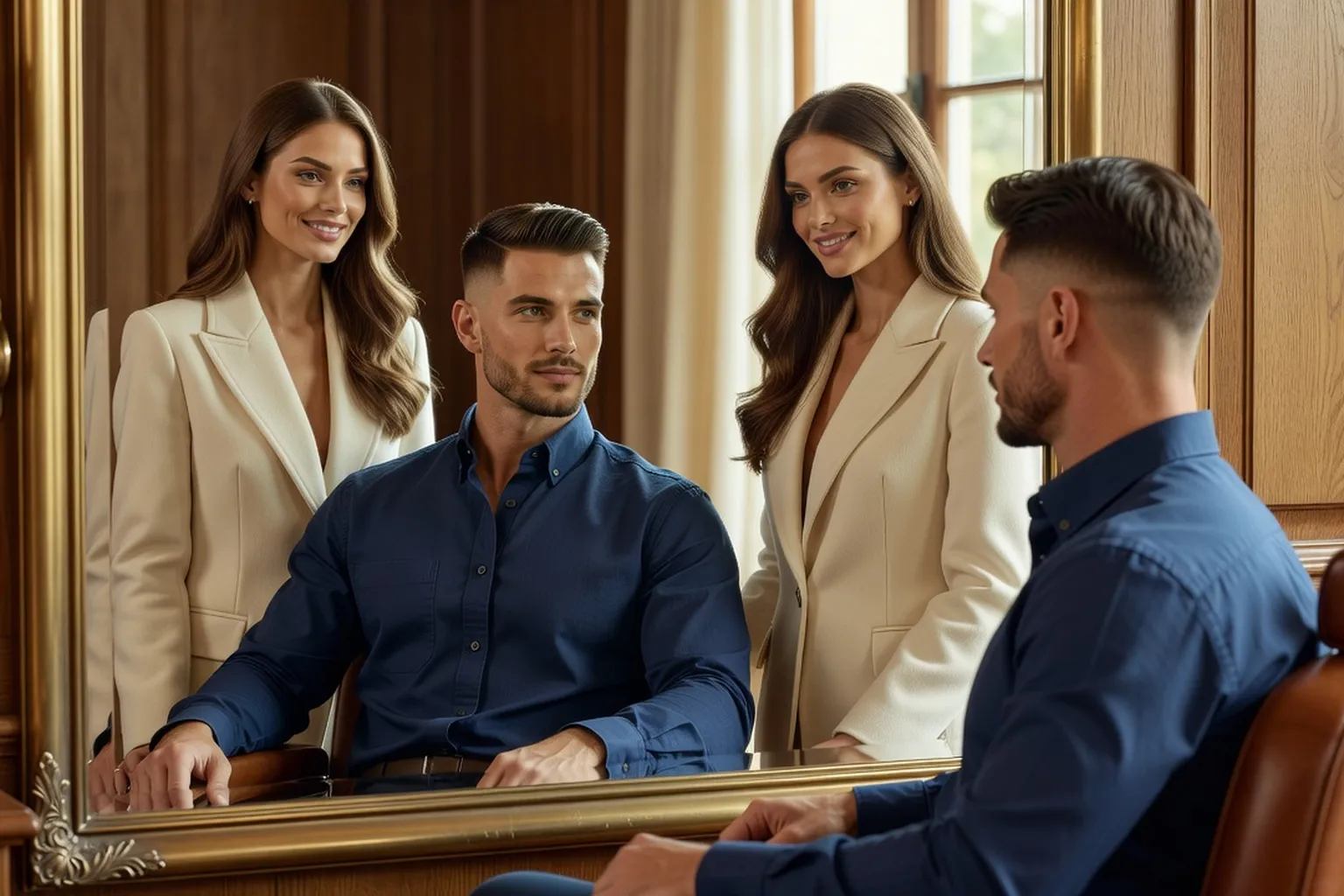 Un homme à la barbe courte et à la coupe nette face au grand miroir d'un salon de barbier, deux femmes élégantes en veste crème souriant derrière lui