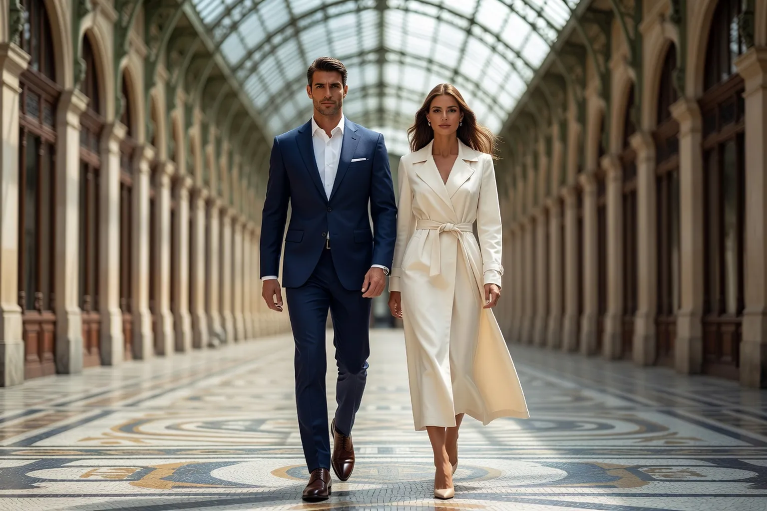 Un couple élégant marche dans un passage couvert parisien : l'homme porte un costume bleu marine et des derbys en cuir brun poli, la femme un trench crème.