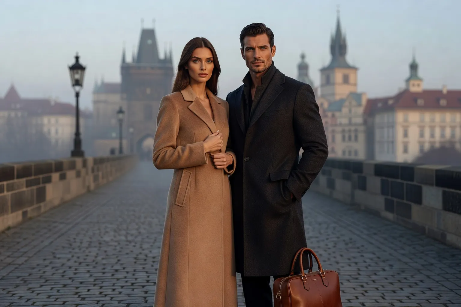 Un couple élégant composé d'une femme mannequin et d'un homme mannequin en manteau, debout sur un pont historique de Prague au petit matin, avec les tours de la ville en arrière-plan et sans aucun texte lisible