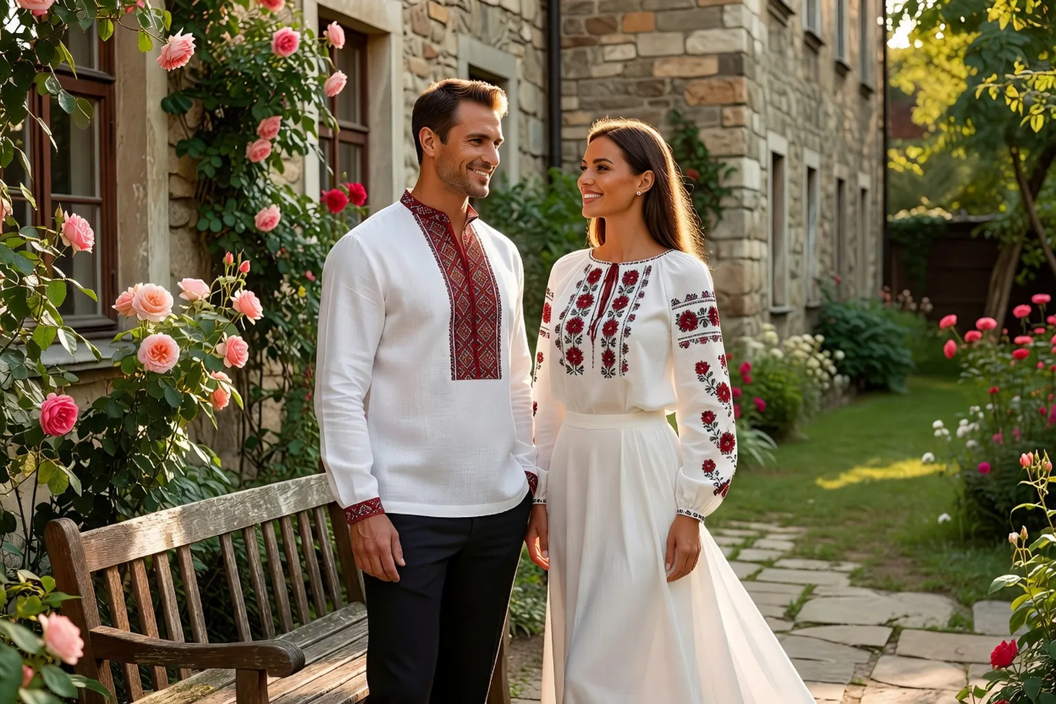 Un homme en chemise de lin blanche brodée de rouge et de noir au col, à la poitrine et aux poignets, et une femme en blouse brodée et longue jupe blanche, souriants dans le jardin fleuri d'une maison ancienne en pierre